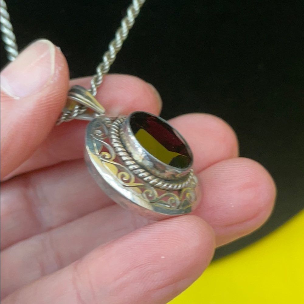 Antique sterling silver necklace with large garnet